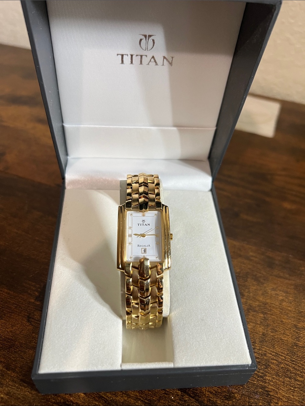Titan Gold Tone Women's Rectangular Bracelet Watch with White Dial